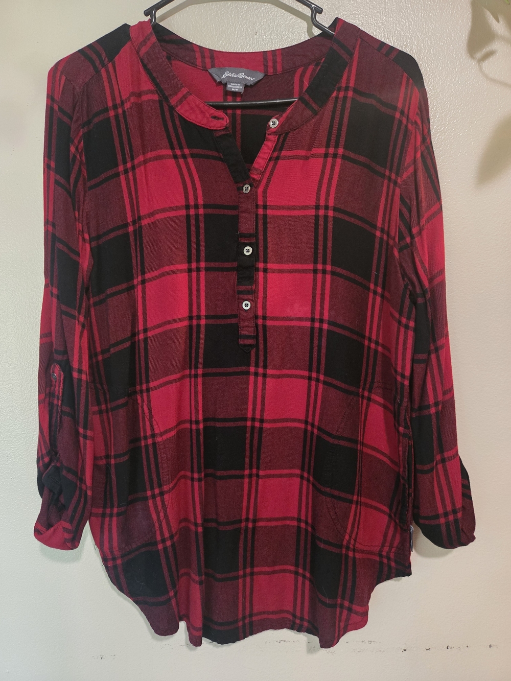 Eddie Bauer Red Black Medium Plaid Henley Tunic Top